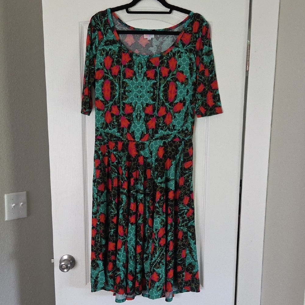 LuLaRoe Vibrant Green and Red Floral Midi Dress